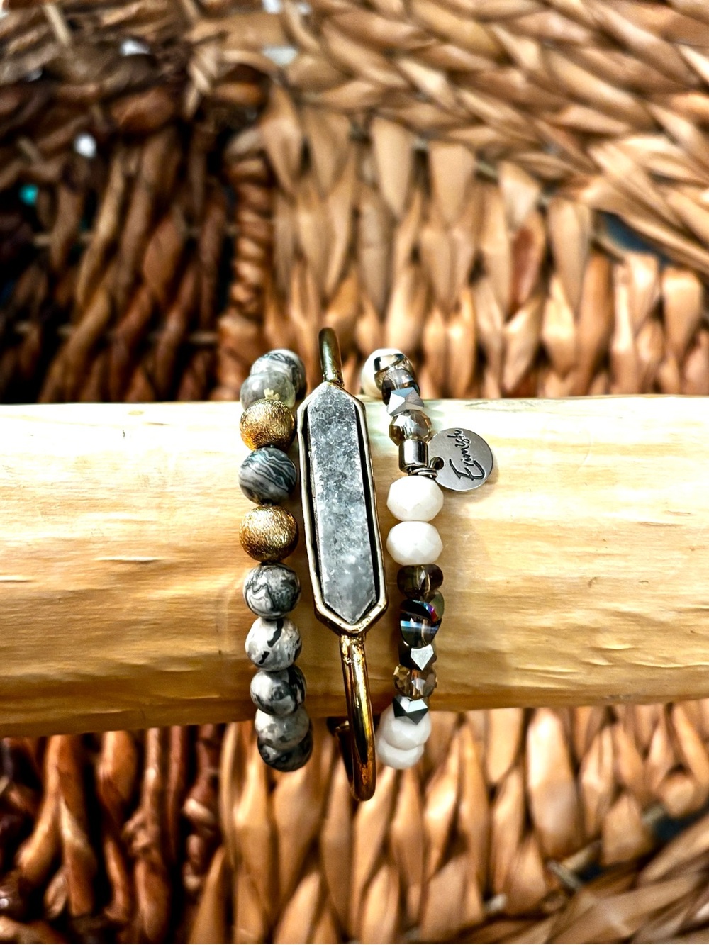 Gold, Marble Gray, & White Druzy Stackable Bracelet Set